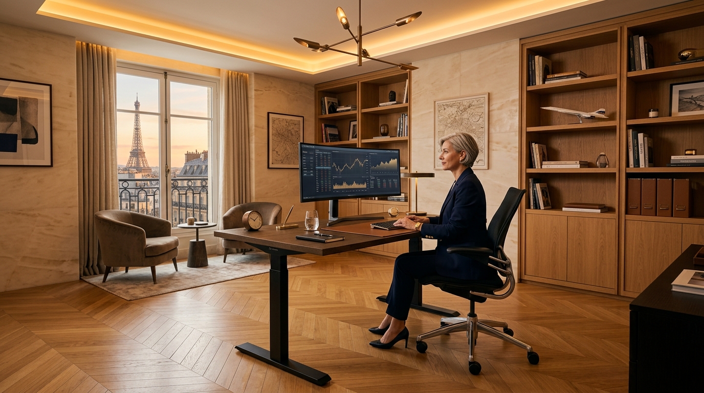 Architecture d'un espace de travail exécutif en bois massif et fauteuil ergonomique